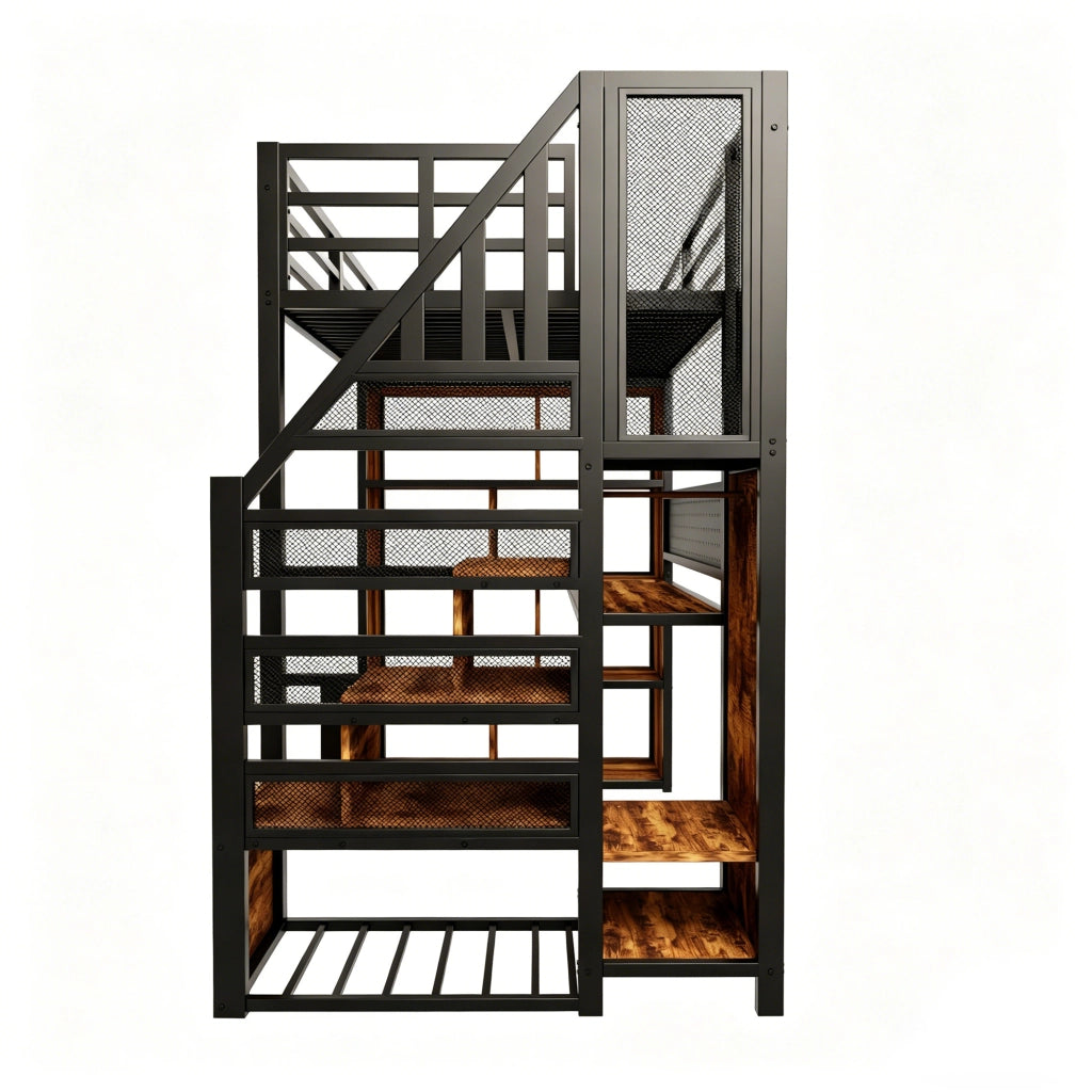 Letto a soppalco 90x200 cm con scrivania; LED; armadio e scala contenitore; metallo e legno nero