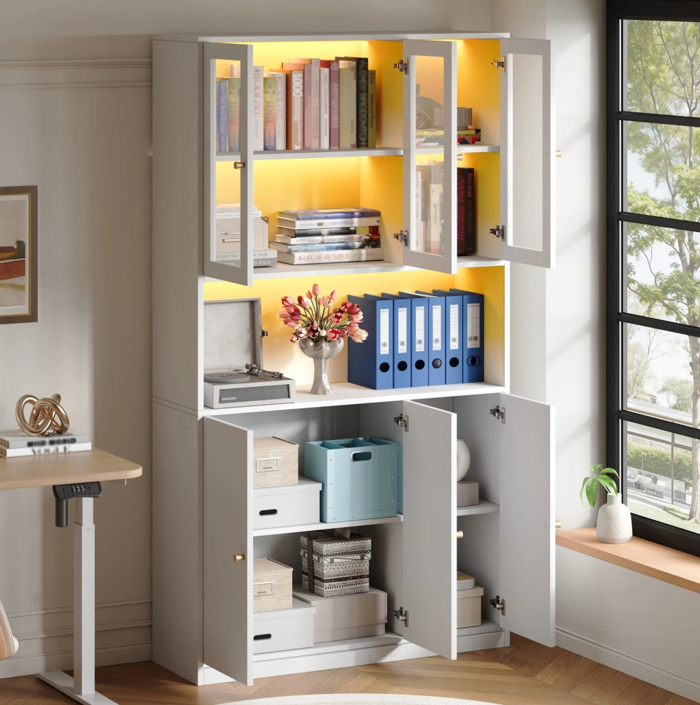 Libreria 100x35x200 cm bianca in MDF, vetrina LED e 3 ante