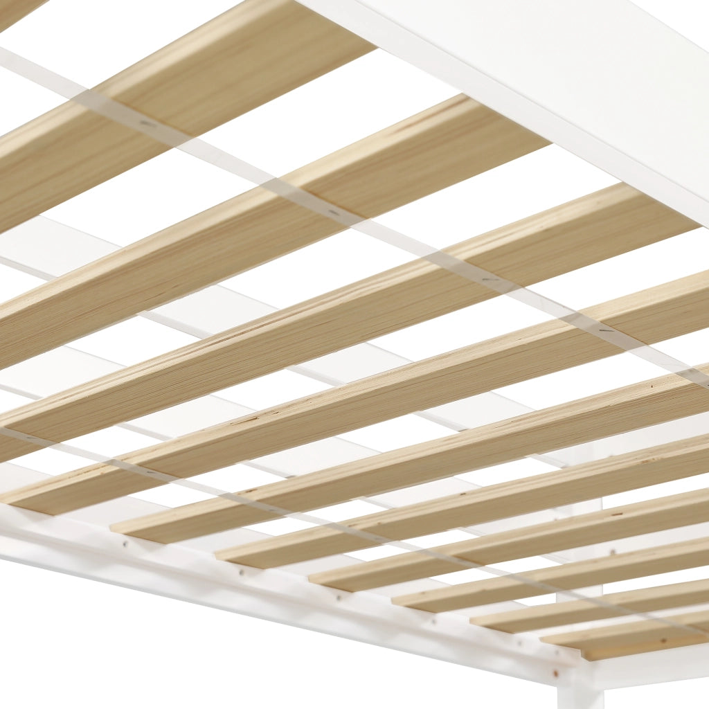 Letto a soppalco 90 × 200 cm con scala ad angolo; barriera e porta in legno bianco spazio libero sottostante