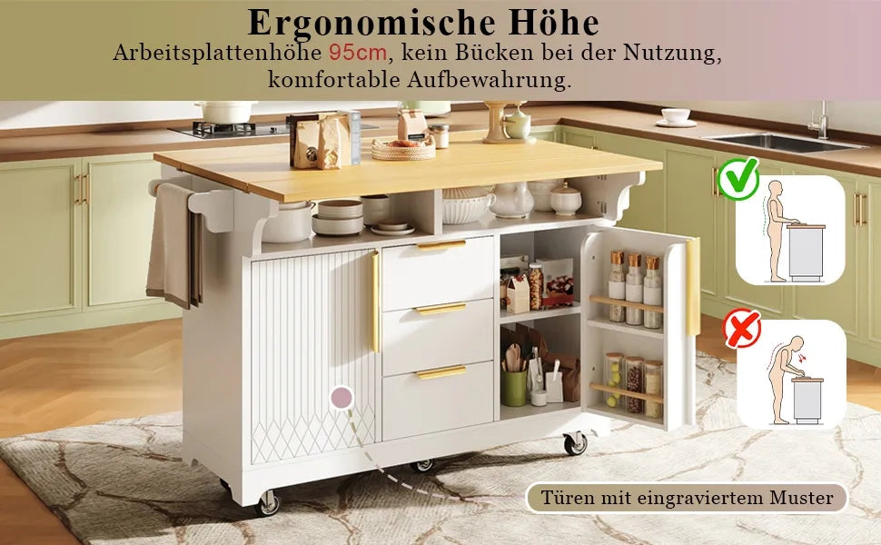 Isola Cucina Multifunzione con Estensione Tavolo, Piani Ribaltabili Bilaterali, Ante a Motivo Verticale, Ampio Spazio con Cassetti, Credenza su Ruote