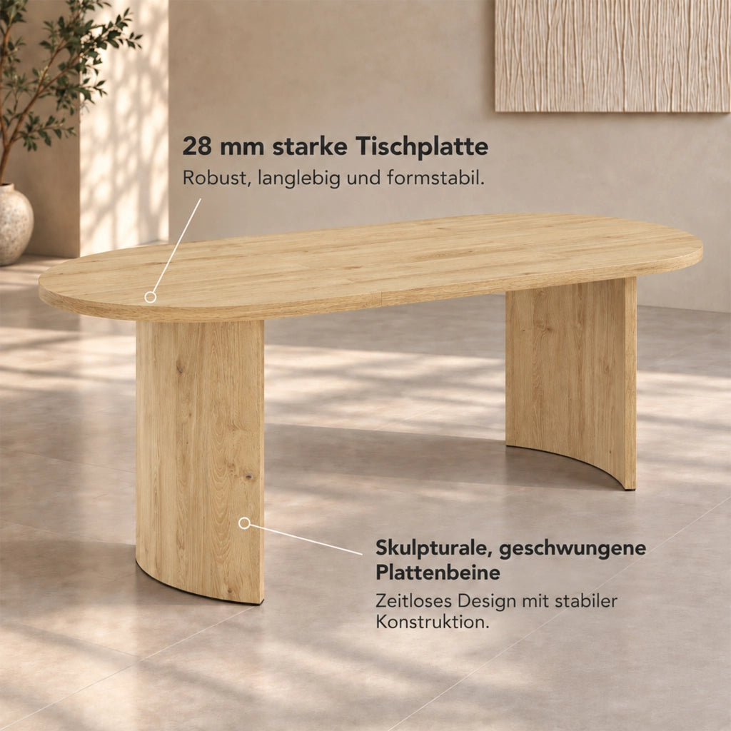 Tavolo da Pranzo 200x90 cm 6-8 Posti LEMONMAX; Piano MDF 28 mm con Angoli Arrotondati; Gambe Curve; Finitura Effetto Rovere; Portata 60 kg