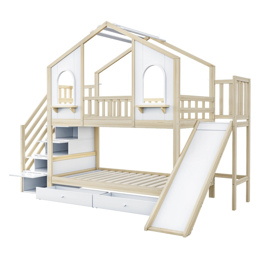 Letto a castello per bambini 90 × 200 cm 2 posti; con scivolo; scala contenitore e cassetti; senza materasso