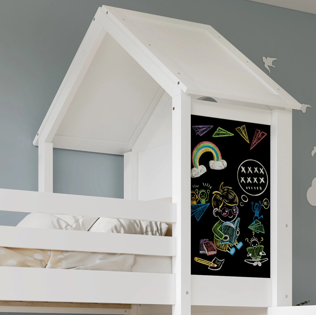 Letto a castello per bambini 90x200 cm con lavagna e scala inclinata in pino bianco