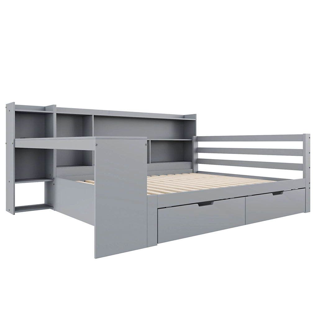Divano Letto in Legno Massello 140x200 cm con Scrivania, Libreria, Ripiani e Presa di Corrente, Grigio
