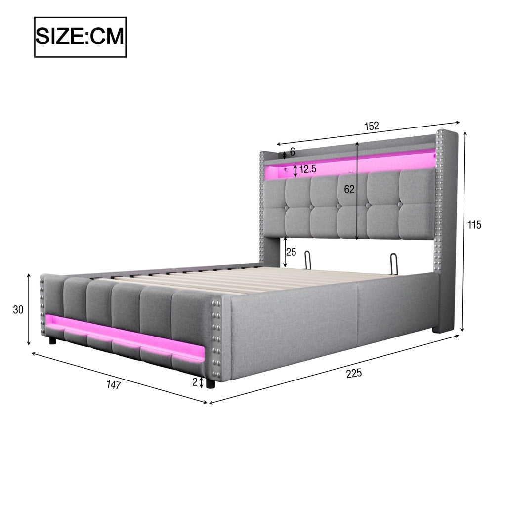 Letto matrimoniale 140×200 cm con contenitore idraulico; LED multicolore e USB; senza materasso; grigio chiaro