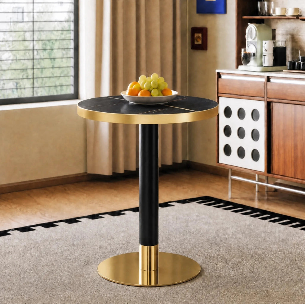 Tavolino Rotondo con Piano Effetto Marmo, Bordo Dorato e Struttura in Metallo Nero/Oro, Ø 60 cm, Altezza 73,7 cm
