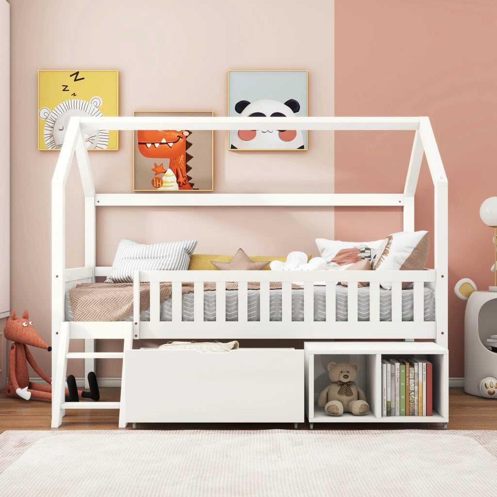 Letto a casetta 90 × 200 cm con cassetti e vani portaoggetti in legno bianco con scala e barriera anticaduta