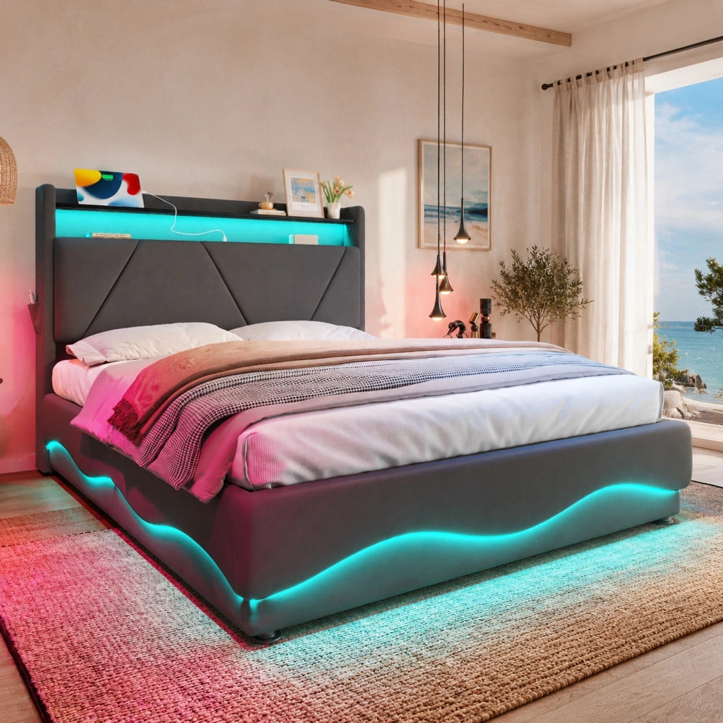 Letto matrimoniale 160 × 200 cm con contenitore in velluto grigio scuro LED USB Type C testiera con ripiani