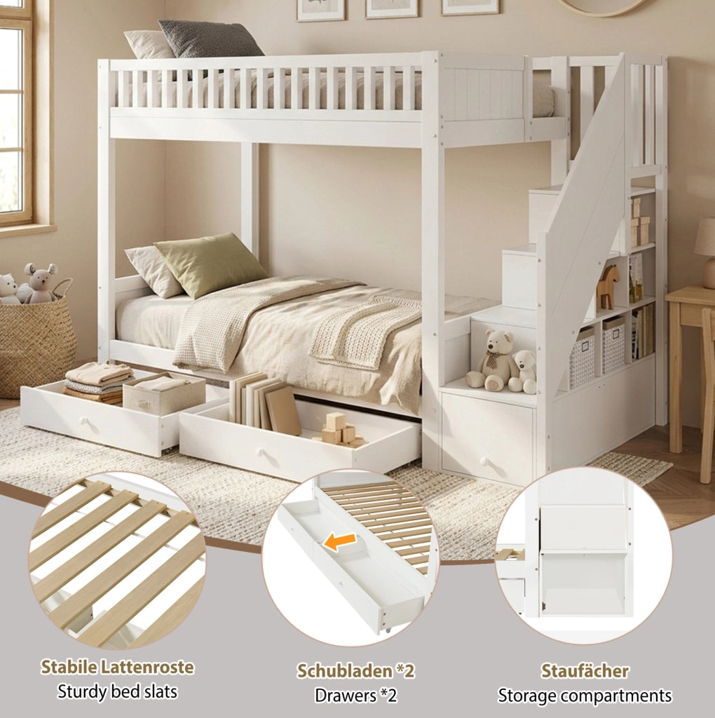 LETTO A CASTELLO 90x200 cm Bianco in Legno Massello e MDF con Scala Contenitore