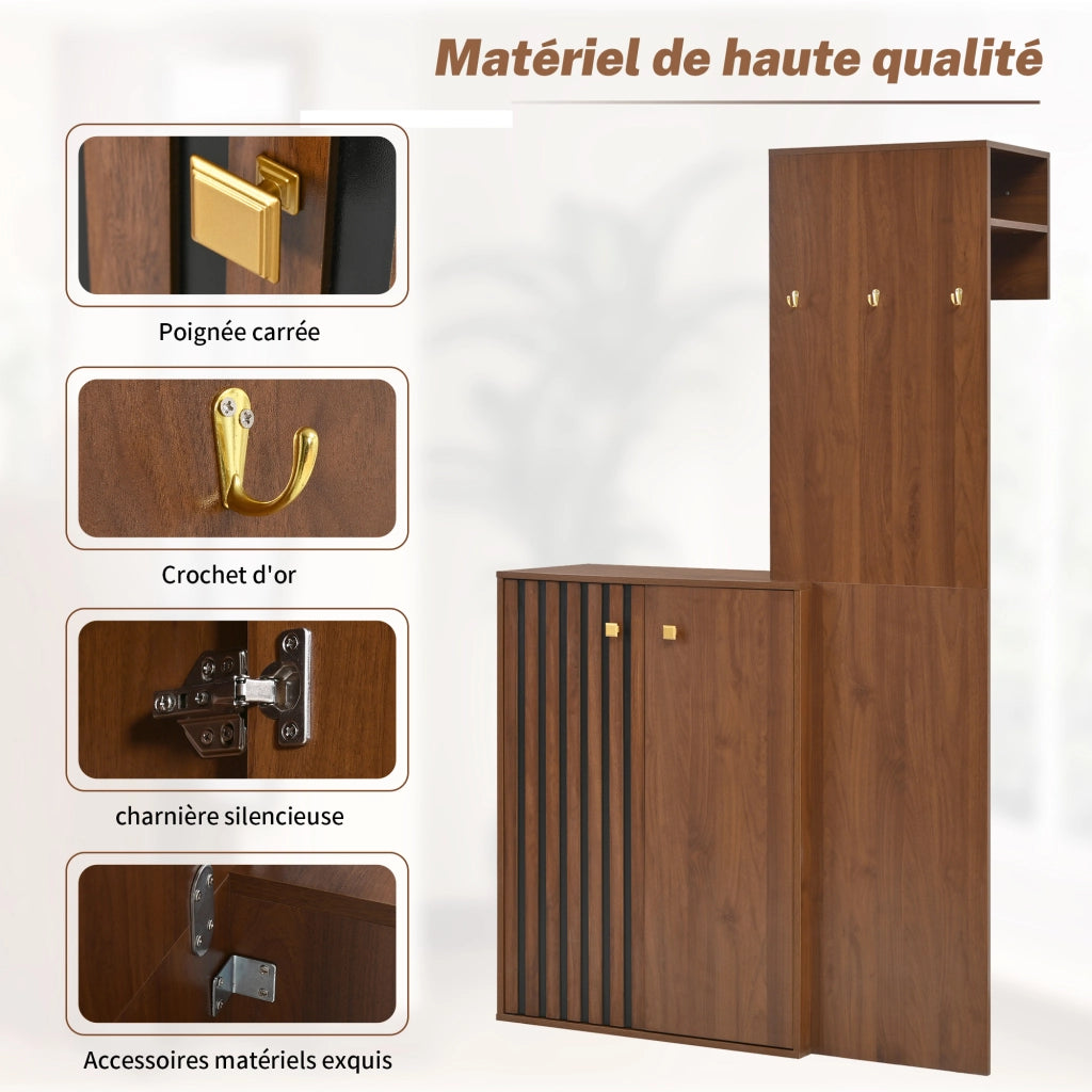 Mobile da ingresso con scarpiera, appendiabiti con ganci e ripiani regolabili, in MDF noce, 115 × 38.5 × 191.5 cm