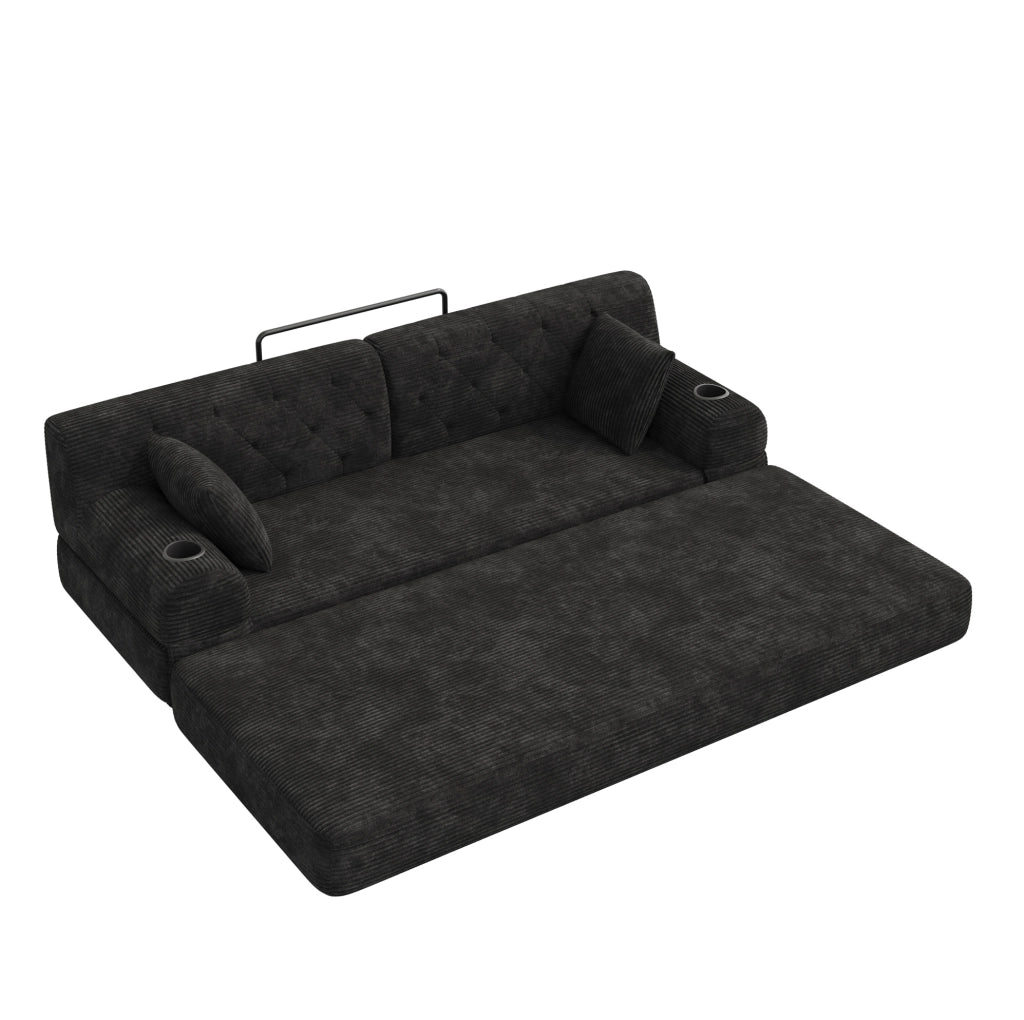 Divano letto 3 posti con rivestimento in velluto a coste, schienale alto, struttura in metallo, 2 portabicchieri e 4 tasche laterali, nero