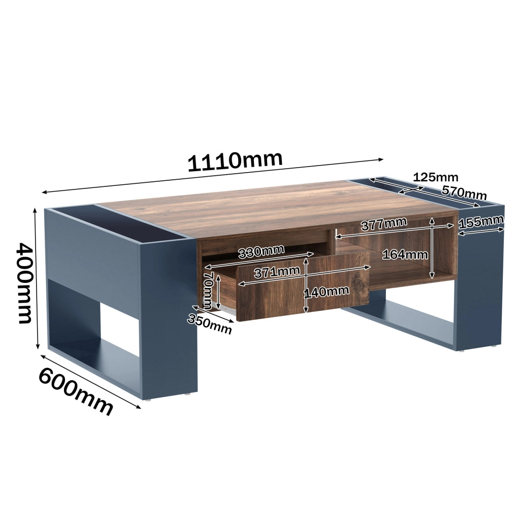 Tavolino da caffè rettangolare 111x40x60 cm in truciolare con vani contenitore; legno e nero