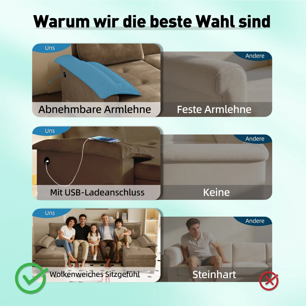 Divano panoramico a U trasformabile con letto estraibile, USB e cuscini bracciolo removibili in ciniglia kaki