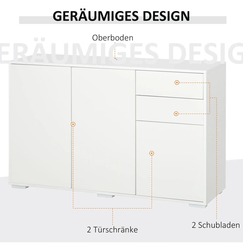 Sideboard bianco con 2 cassetti e 3 ante, mobile multiuso e archivio, 117x36x74 cm