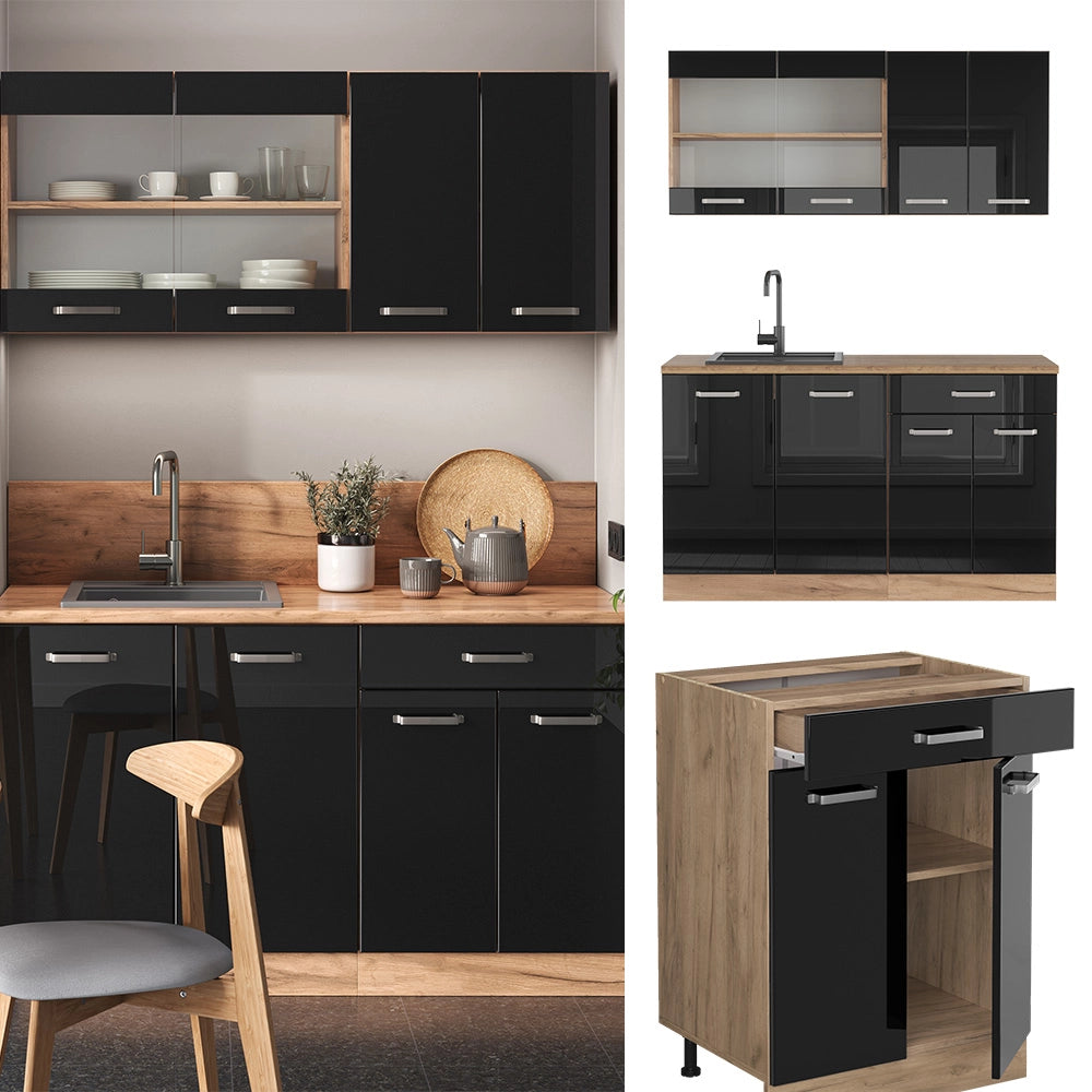 Vicco Cucina monoblocco Rovere nero/oro lucido 140 cm senza piano di lavoro