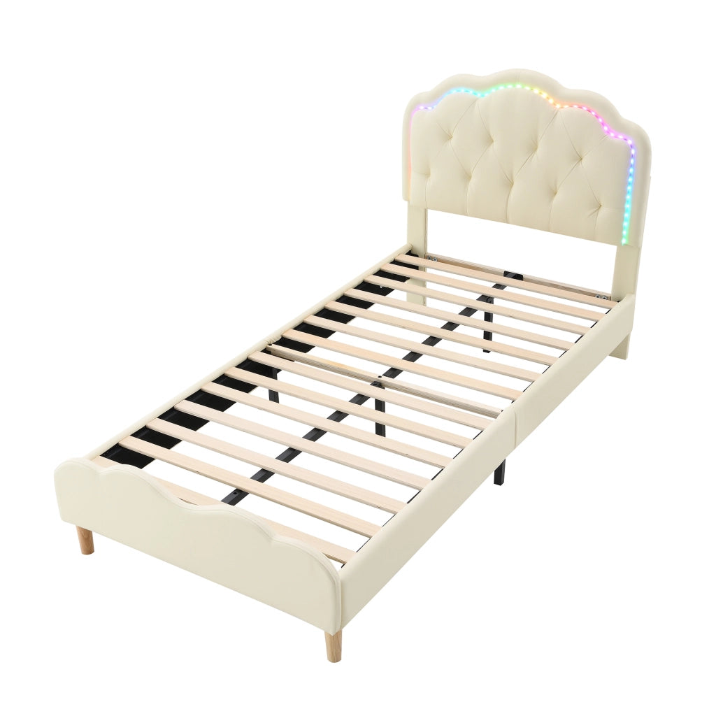 Letto per bambini 90x200 cm con LED multicolore, rivestimento in PU beige