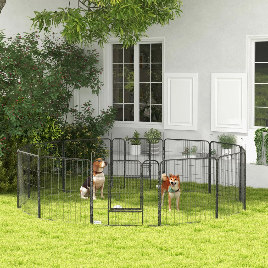 Recinto per Cani a 12 Pannelli Modulabili da 80x1.5x80 cm. Pieghevole con Porta in Acciaio. 12 Picchetti. Grigio
