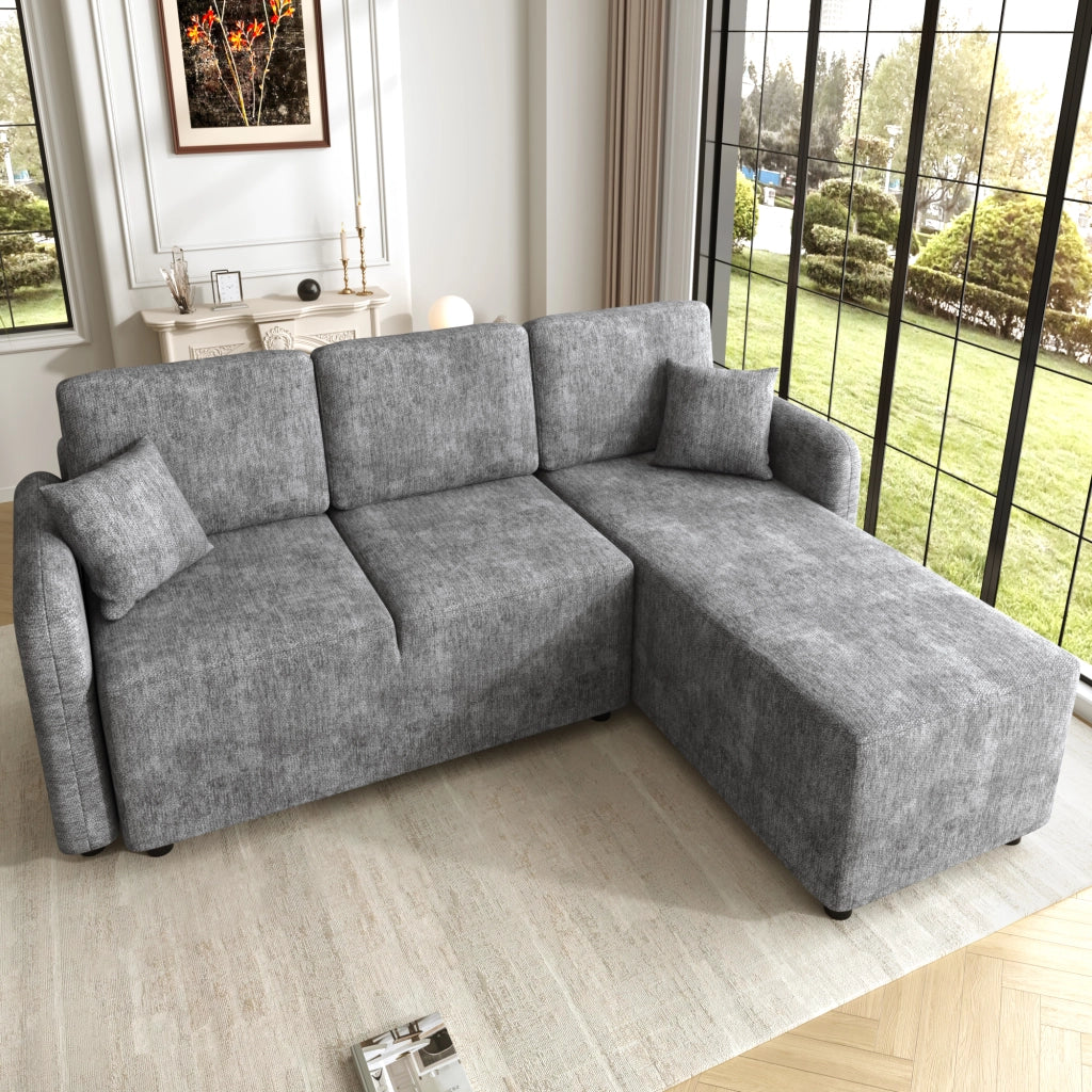Divano angolare 3 posti - con area relax e 2 cuscini - in chenille grigio