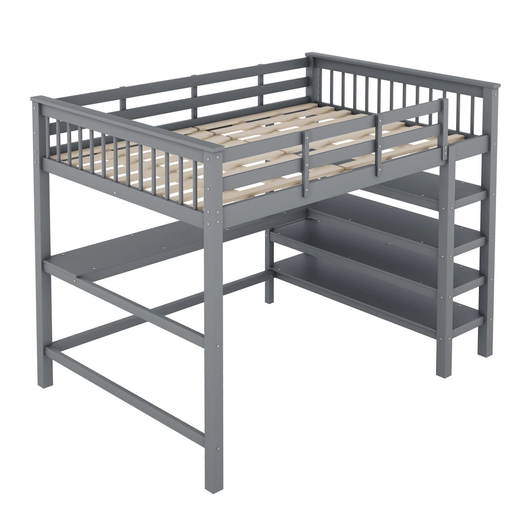 Letto a soppalco per bambini 140 × 200 cm 2 posti con scrivania e mensole; senza materasso; in pino e MDF; grigio