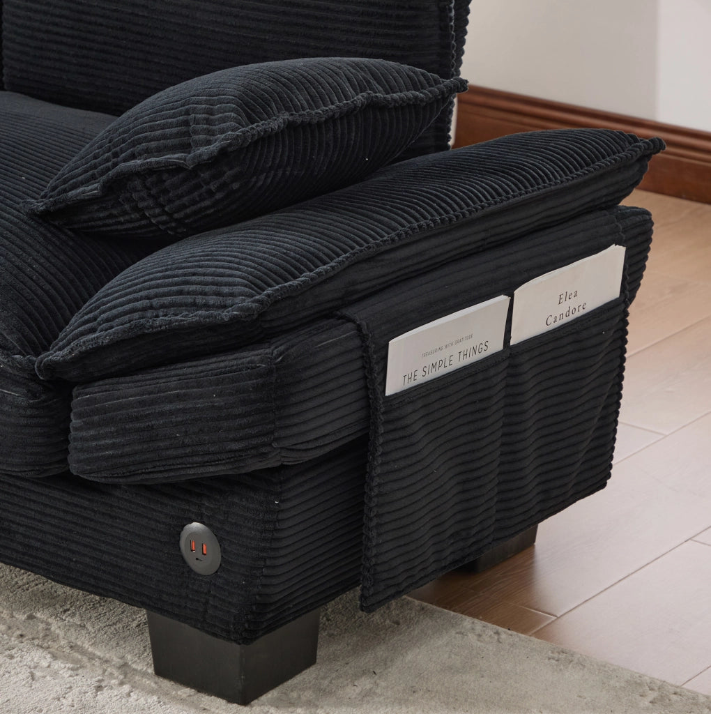 Divano modulare 2 posti con pouf; USB-C e tasche laterali; velluto a coste nero