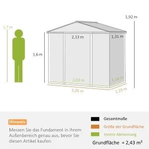 Capanno Attrezzi in Acciaio Zincato Grigio 213x131x192cm, Tetto a Due Falde, Porta Scorrevole Chiudibile, Resistente alle Intemperie per Giardino