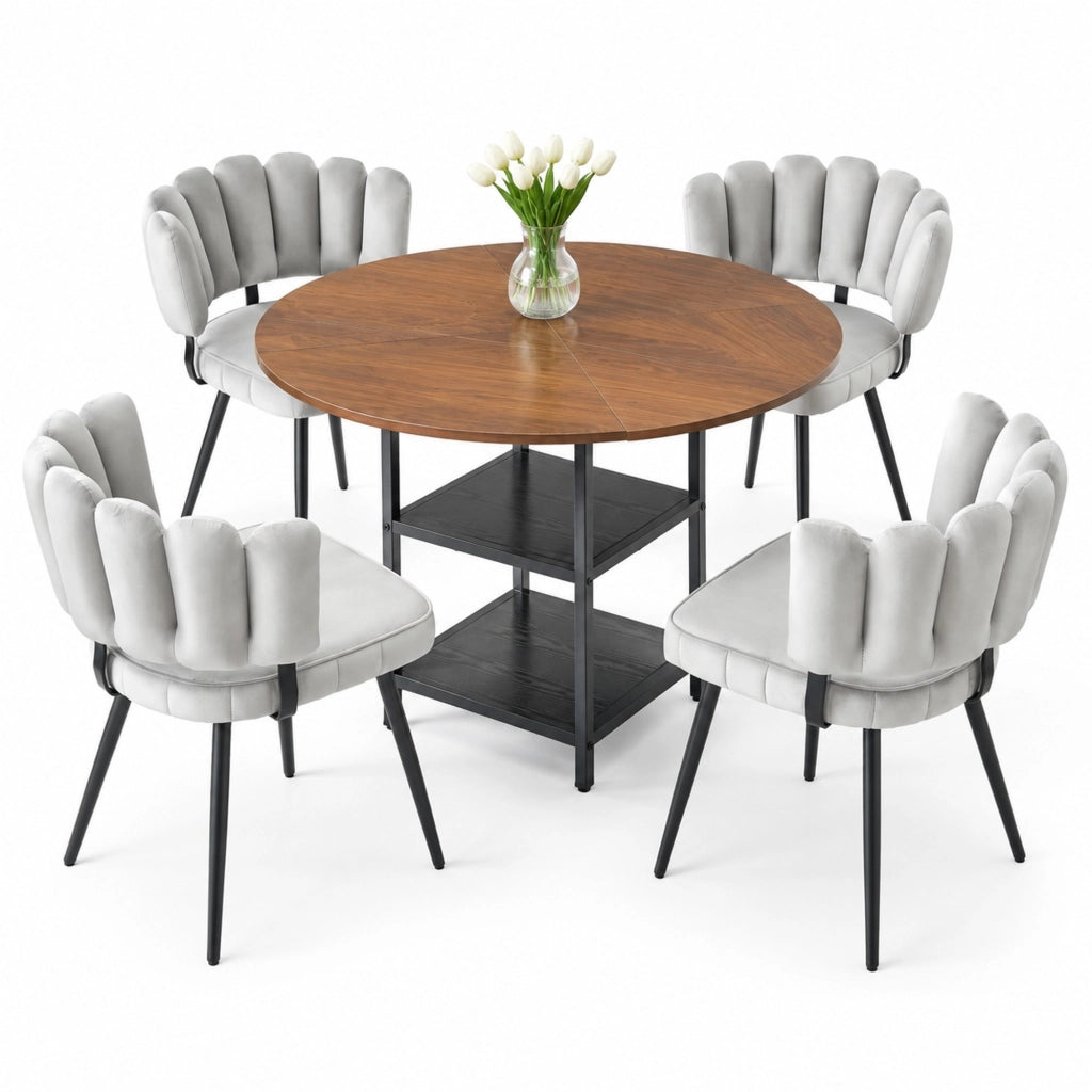 Set tavolo rotondo 107 cm noce MDF e metallo; 4 sedie grigie