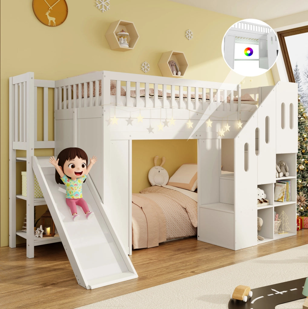 Letto per bambini con scivolo, scala contenitore e luce LED 90 x 200 cm
