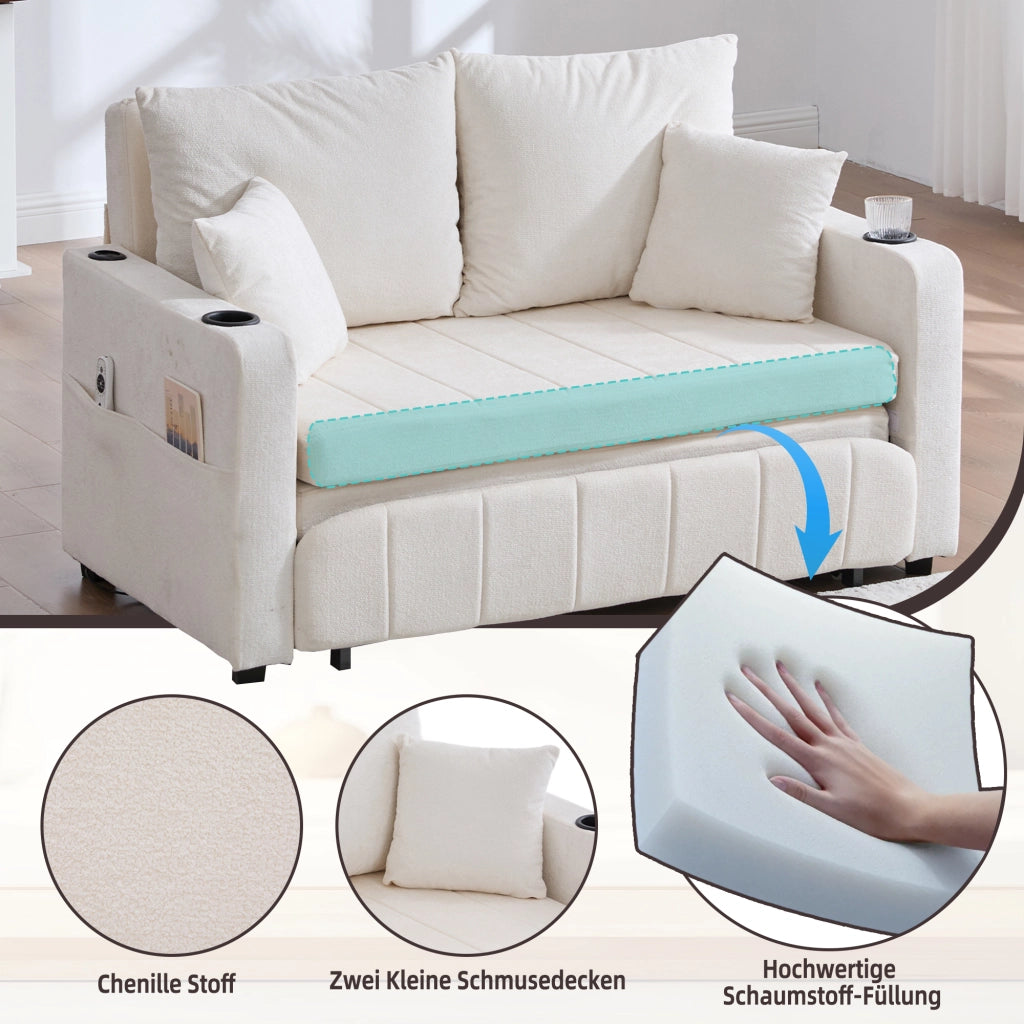 Divano letto pieghevole con tasche laterali e 4 cuscini in chenille beige
