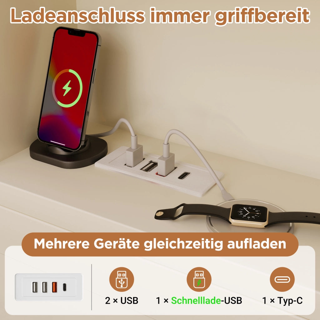 Letto singolo 90 × 200 cm con LED USB e Type-C in legno bianco con cassetti ripiani e rete a doghe