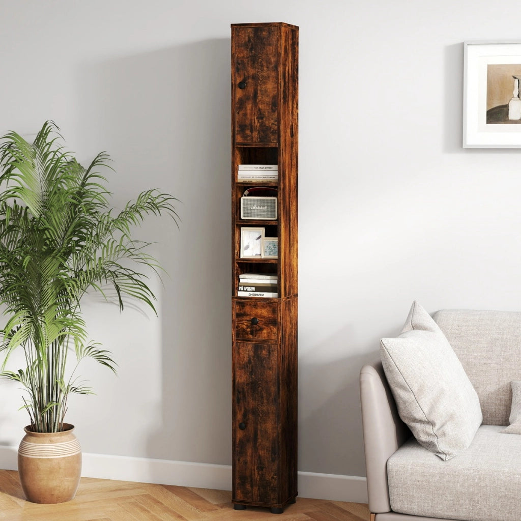 Armadio da bagno alto slim con 1 cassetto di stoccaggio, Armadio da bagno 5 ripiani regolabili struttura antiscivolo Marrone