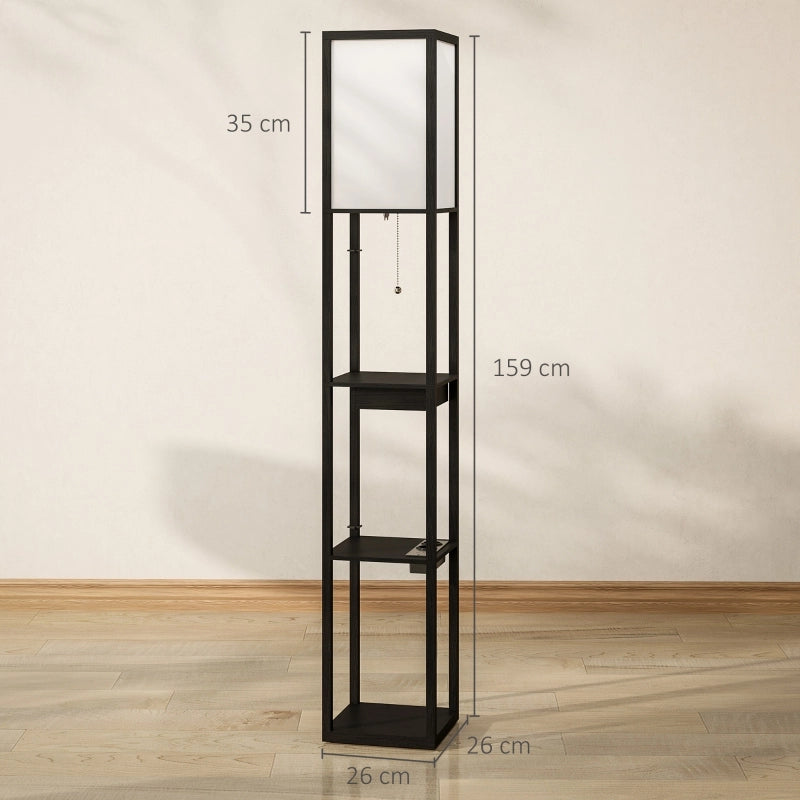 Lampada da terra con 3 ripiani e cassetto prese USB-A USB-C e presa elettrica nera 26 × 26 × 159 cm