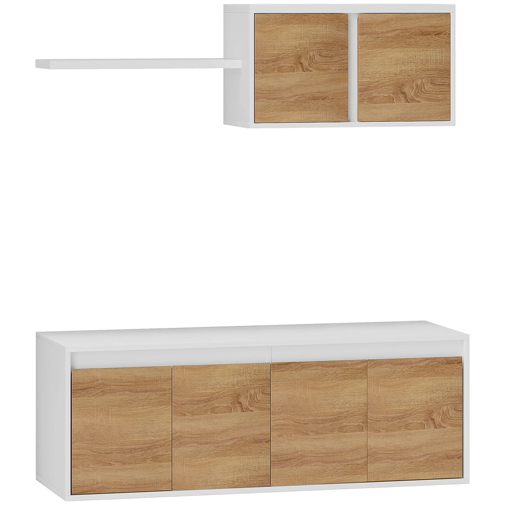 Set Mobile TV e Armadietto a Muro con 7 Ripiani e Scaffale Aperto, in Legno, 120x41x43.3 cm, Bianco e color Legno