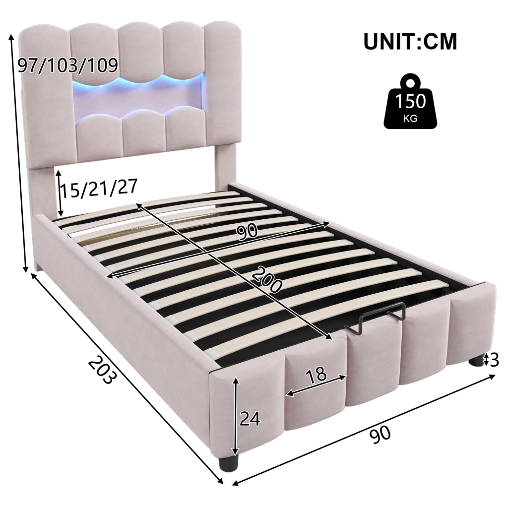 Letto Singolo Imbottito 90x200 cm in Velluto con Contenitore Idraulico; LED; Testiera; Rosa