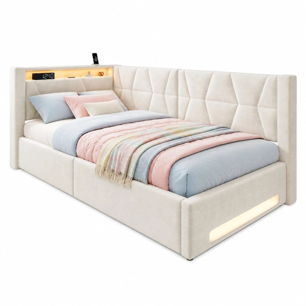Letto imbottito beige 90 x 200 cm con contenitore, LED, USB e Type-C