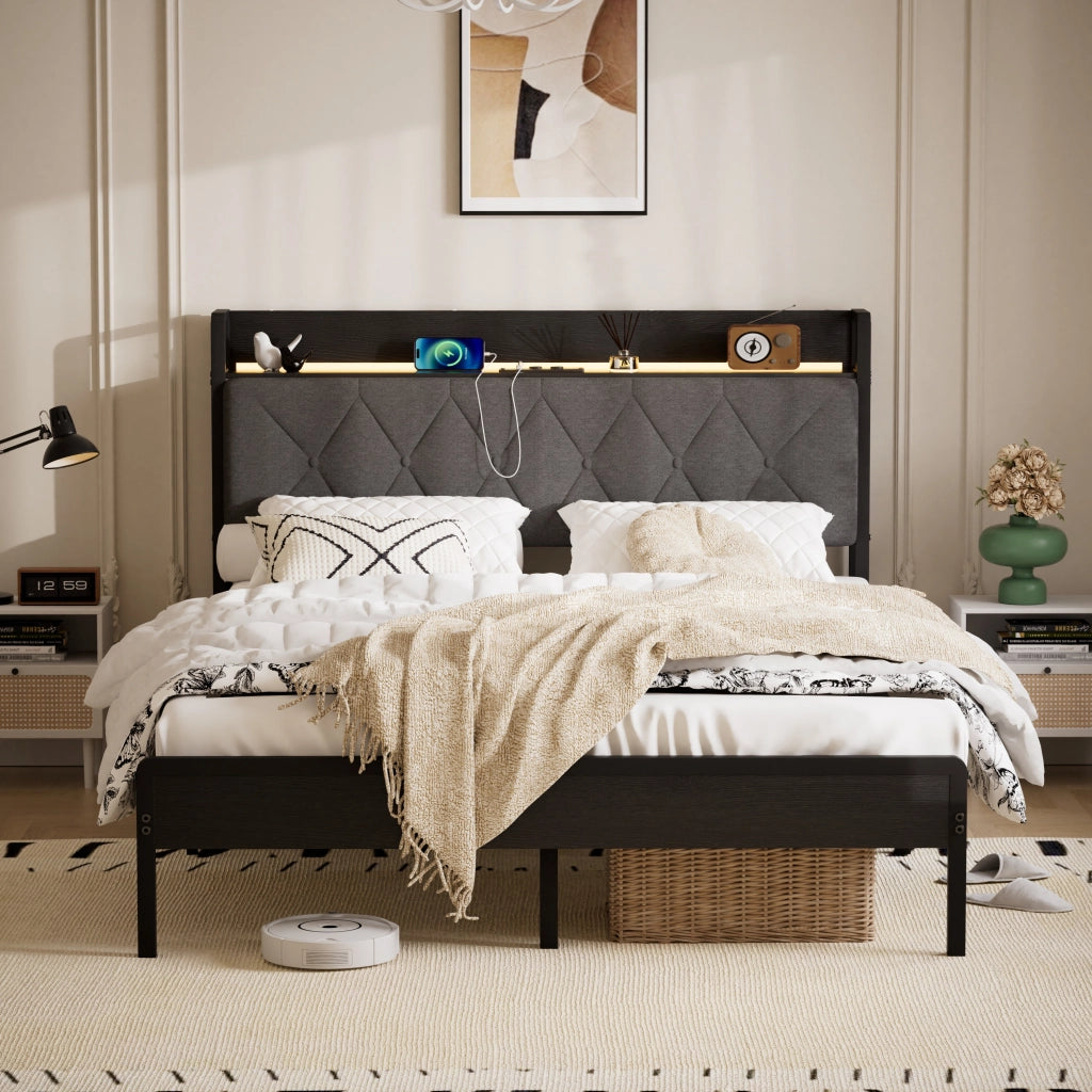 LETTO Imbottito 140x190 cm Nero Grigio con testiera LED e USB