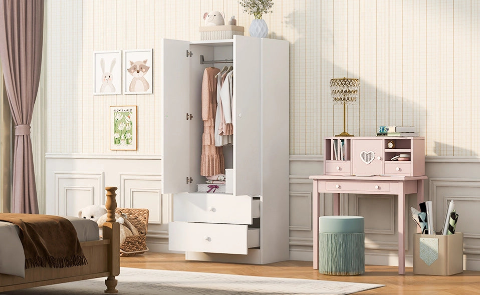 Armadio singolo 70x40x170 cm con due cassetti, design bicolore bianco e rosa