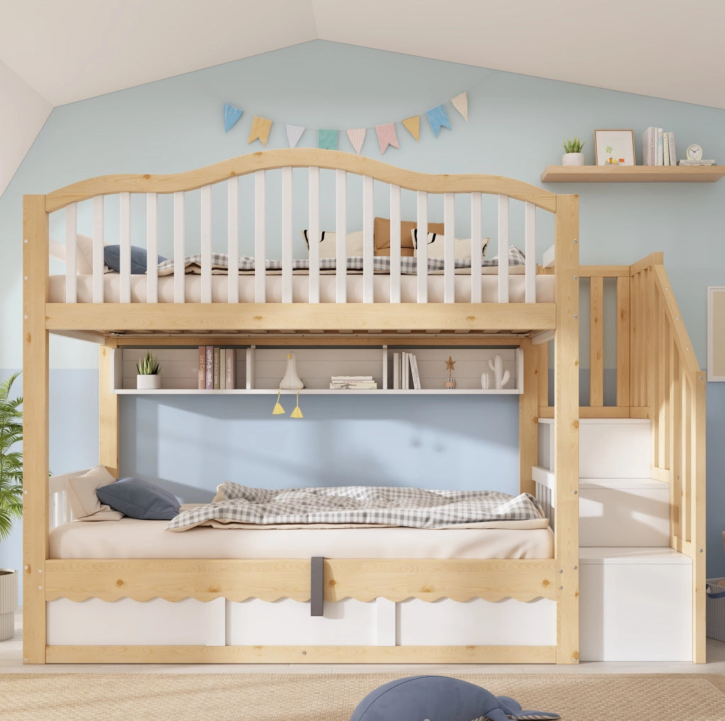 Letto a castello per bambini 90x200 cm con contenitore idraulico in legno bianco e rovere HOMVRA