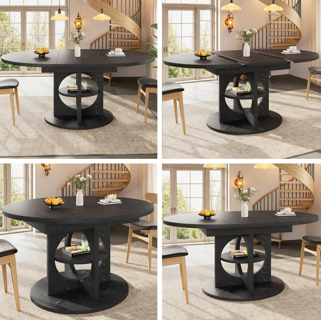Tavolo da pranzo estensibile ULEVR 110-150 cm rotondo e ovale con ripiano integrato, MDF e metallo nero