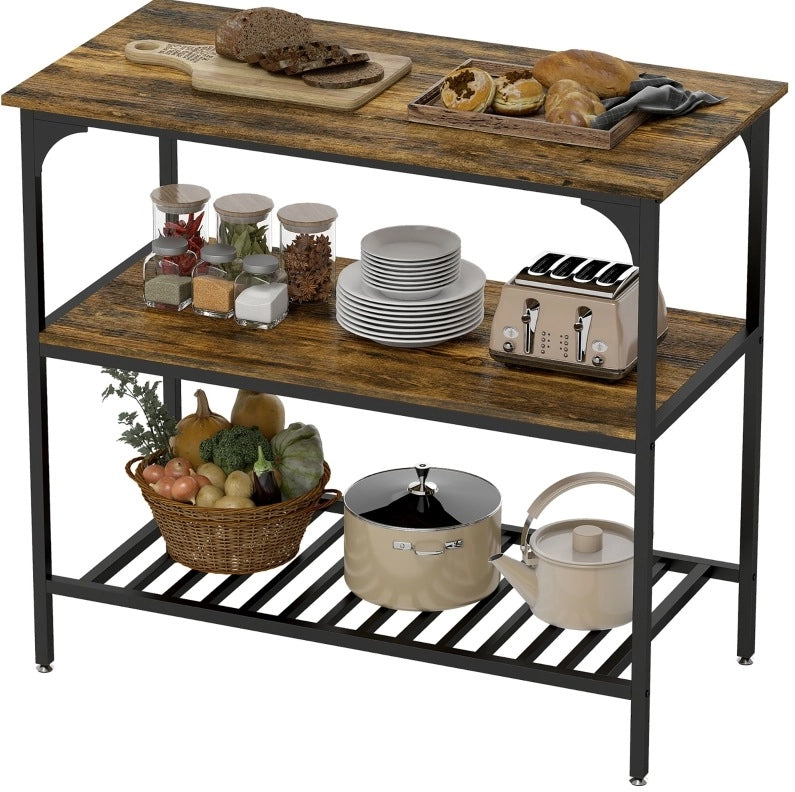 Scaffale da cucina ULEVR 100x50 cm a 3 livelli con ripiani e griglia in acciaio, marrone rustico