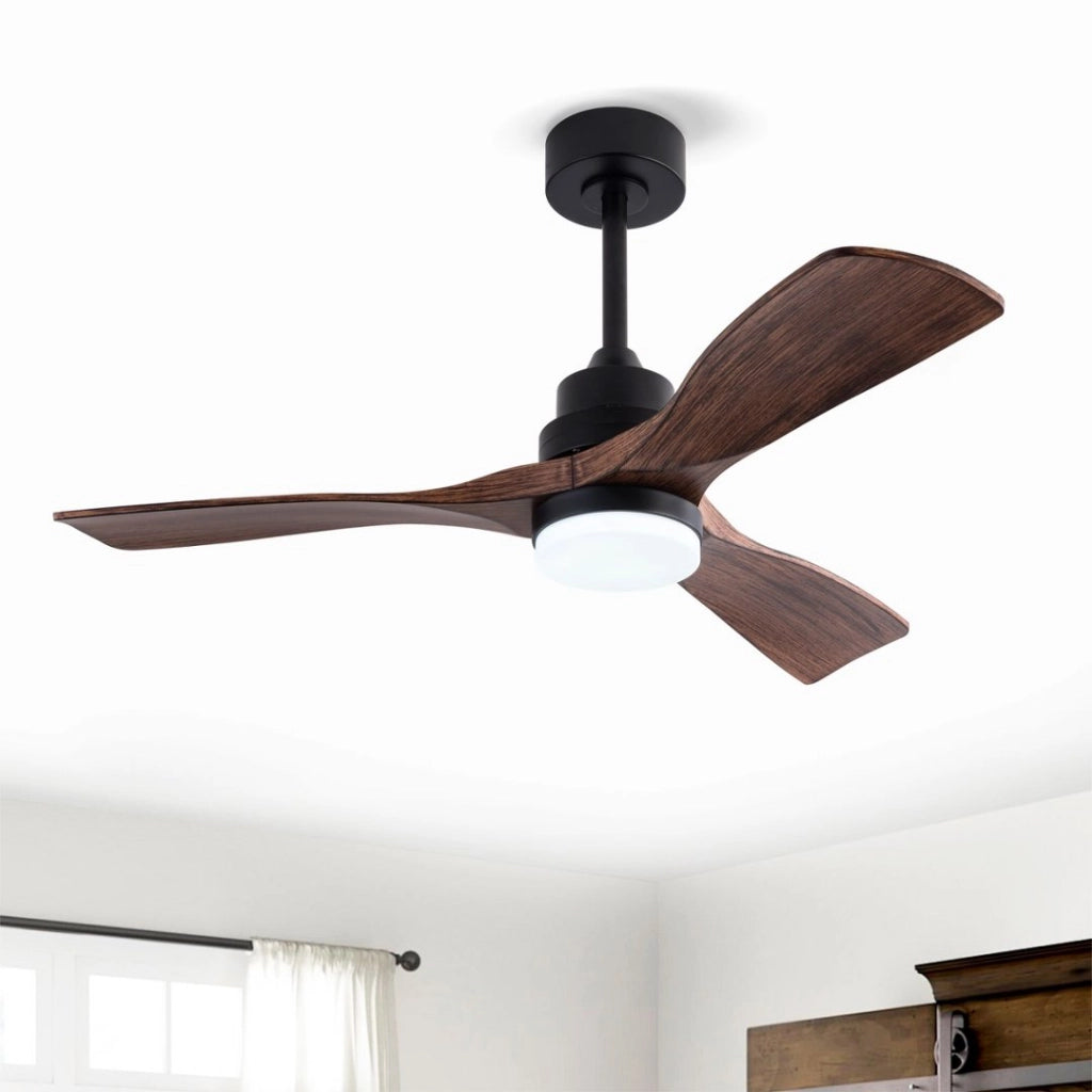 Ventilatore da soffitto a 3 pale con luce led e telecomando in abs nero e noce scuro