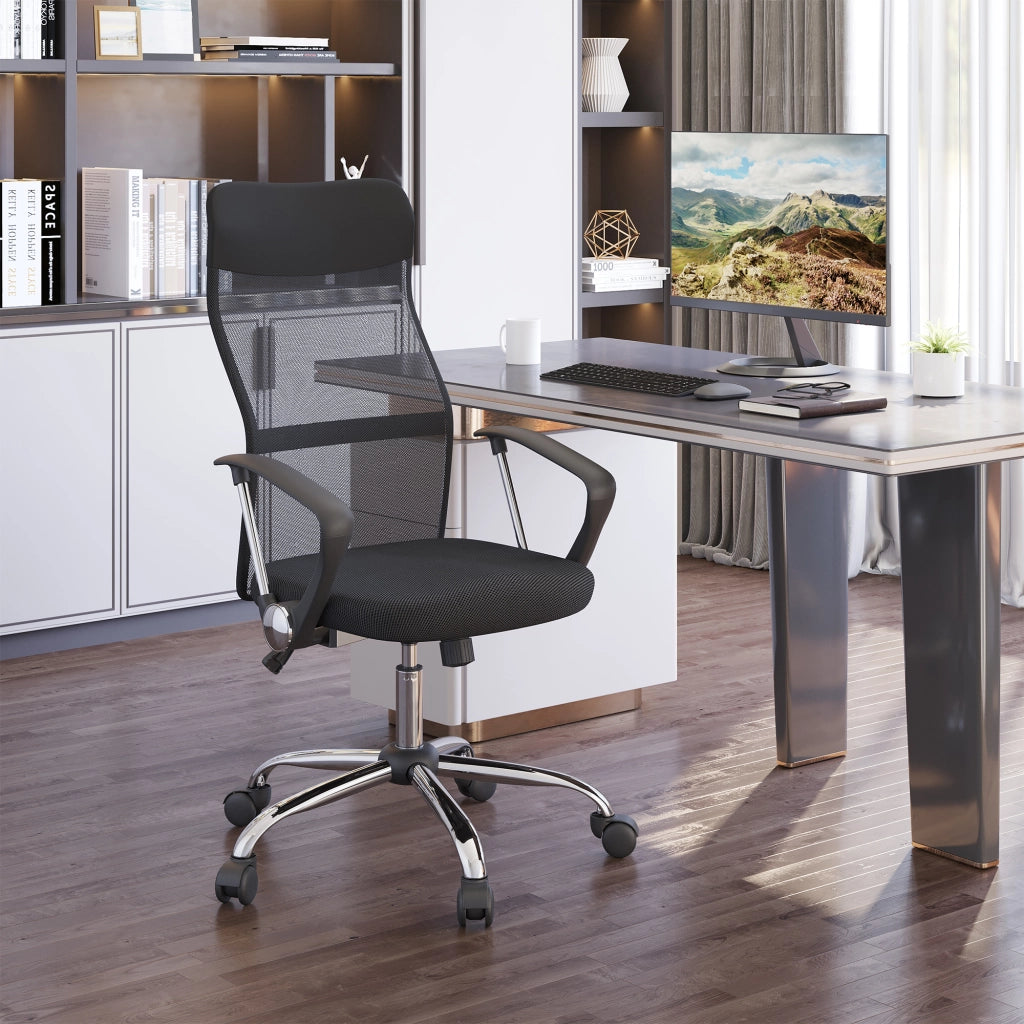 Per casa e ufficio, sedia da ufficio manageriale con schienale ergonomico, altezza seduta regolabile, girevole, tessuto a rete nero, comfort elevato