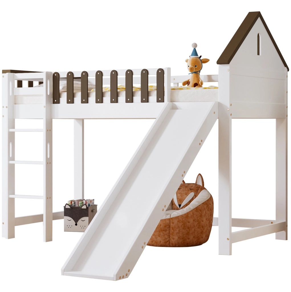 Letto a soppalco 90x200 cm bianco e noce, con scivolo e scala