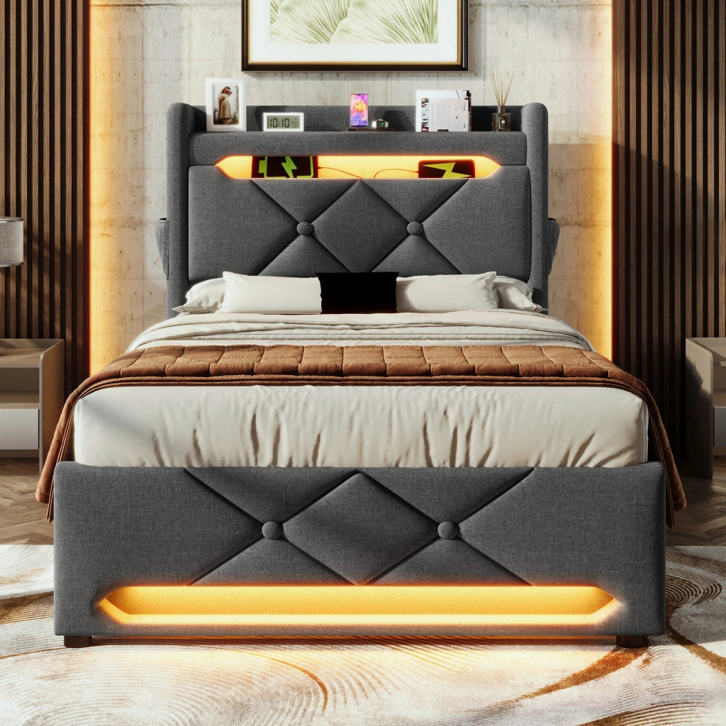 Letto singolo 90x200 cm con contenitore, LED 360¡ã, testiera con USB e Type C, grigio