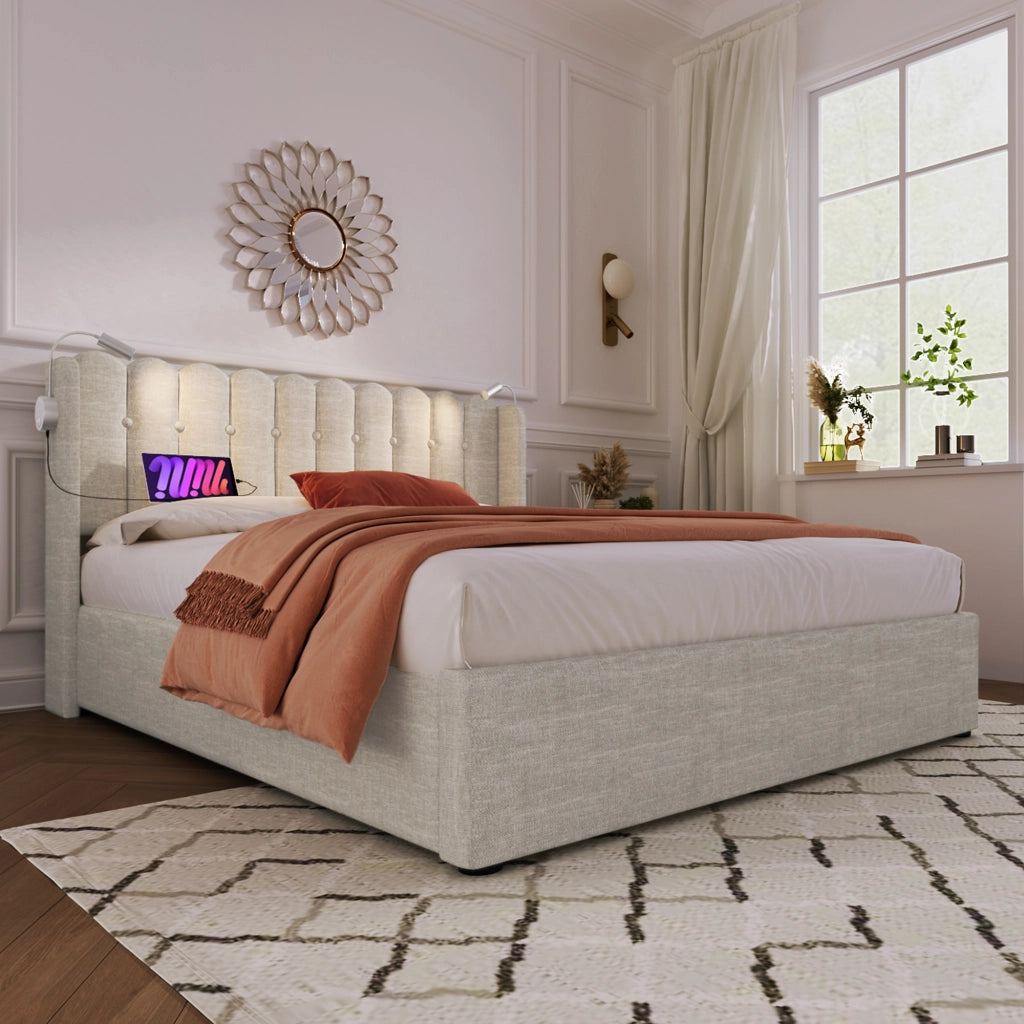 LETTO Contenitore 140x200 cm in lino naturale con luce lettura e USB
