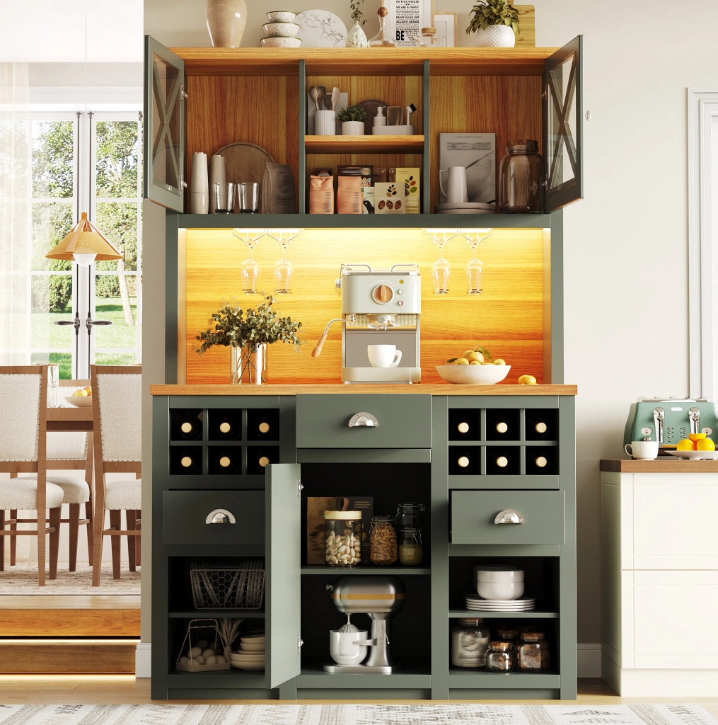 Mobile da cucina 120x45x188 cm in MDF e vetro verde con LED e contenitore