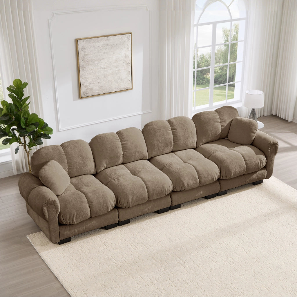 Divano modulare 330x86x90 cm con cuscini trapuntati e schienale curvo in ciniglia marrone