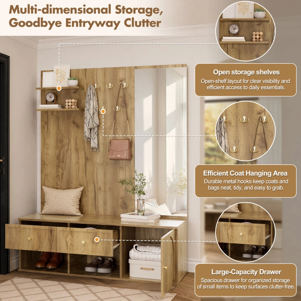 Set guardaroba da ingresso ULEVR 120x35x159 cm con specchio, 5 ganci, 2 cassetti e scarpiera effetto legno