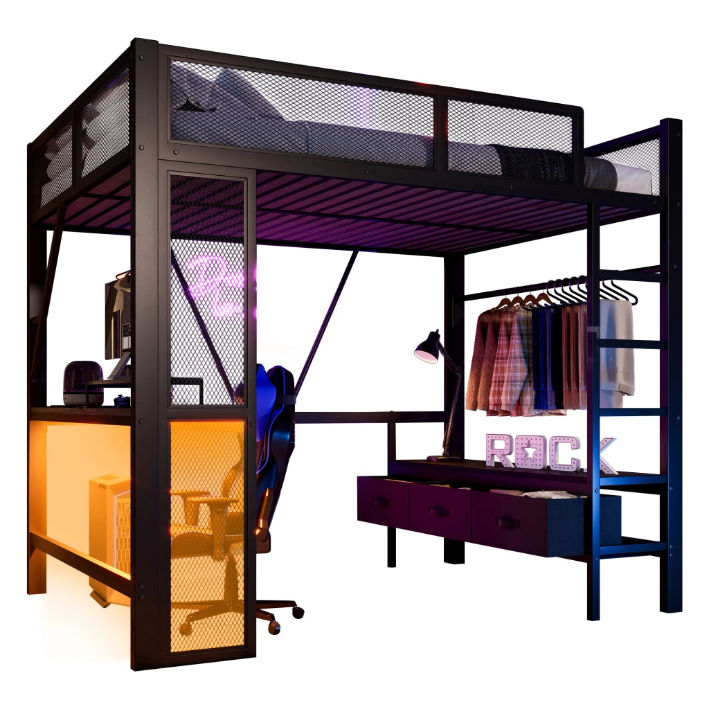 Letto a Soppalco 140x200 cm con Scrivania; Armadio; LED; USB; Scala e Sponde; Nero
