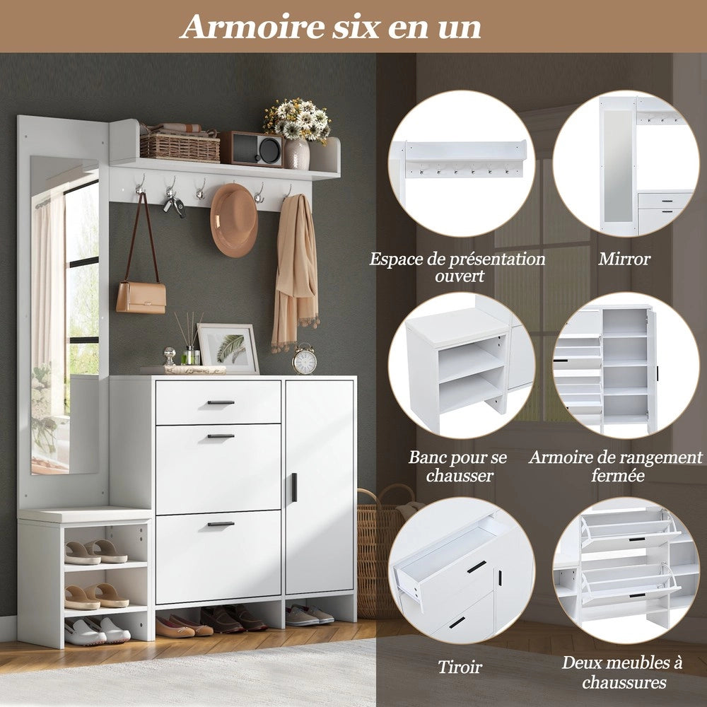 Set ingresso consolle appendiabiti specchio scarpiera panca ¨C Minimal ¨C Bianco legno multistrato 140x30x200cm