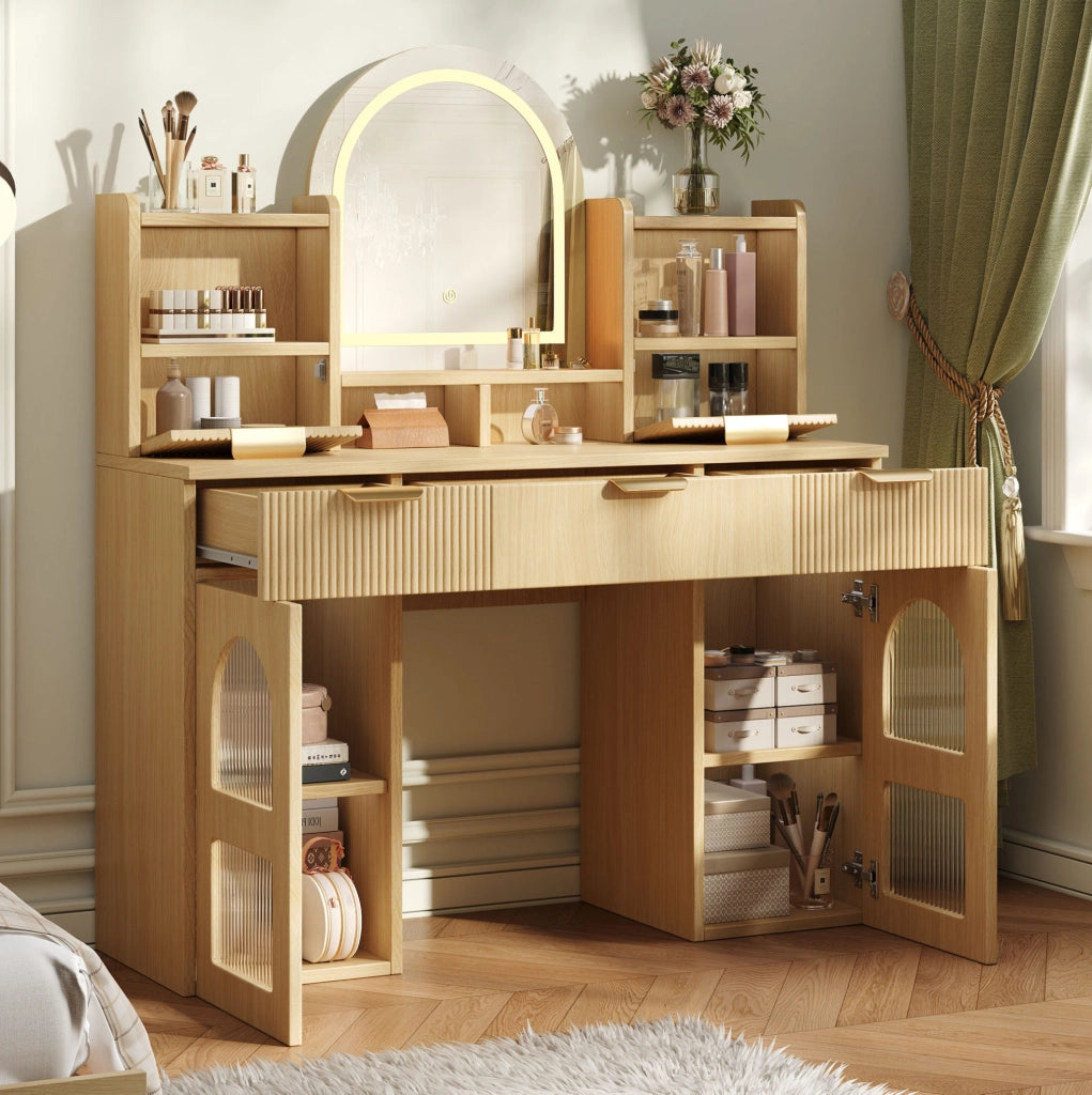 Toeletta ULEVR 120x40x139,5 cm con specchio LED dimmerabile, 3 cassetti e 2 vetrinette, naturale